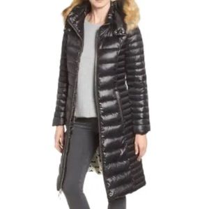 KATE SPADE XL Black Winter Puffer Coat Faux Fur Trim Bow Print Lining Pink Trim